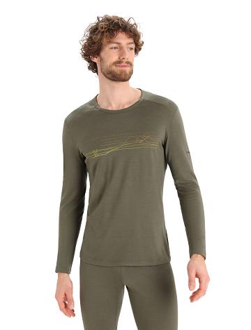 Men's Icebreaker Merino 200 Oasis Long Sleeve Crewe Ski Stripes Base Layers Loden | CA 1580CTVE